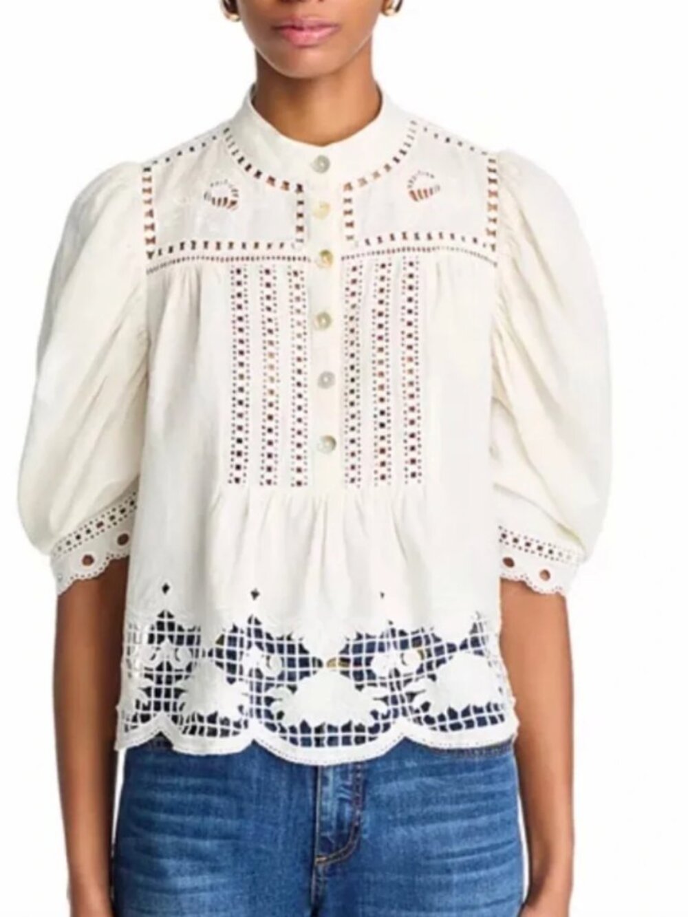 NEW FARM Rio Romantic Richelieu Puffed Sleeve Blouse sz M